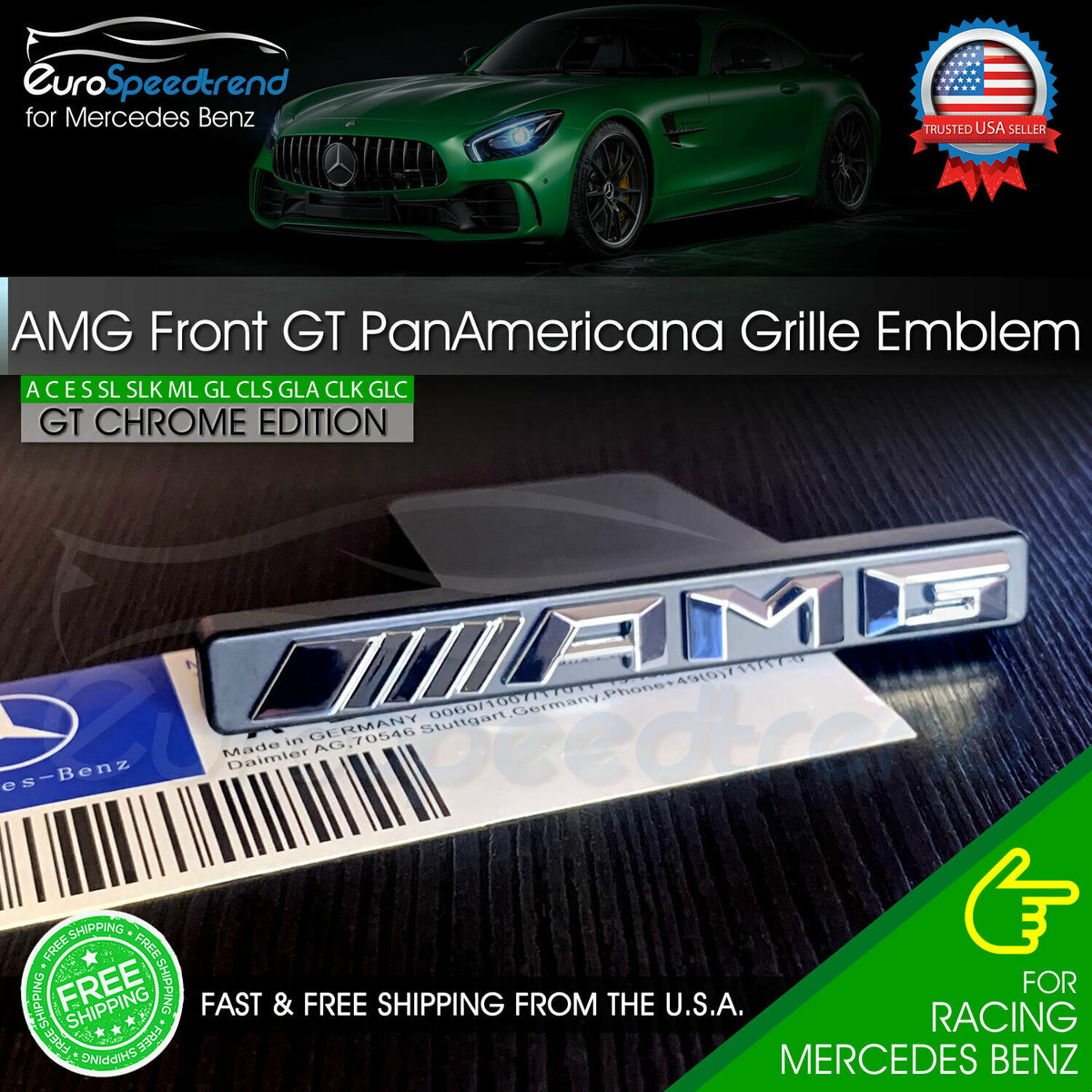 AMG Front Diamond Grille Emblem Radiator Gloss Black Badge