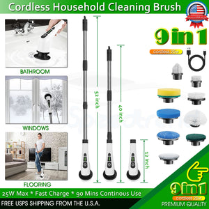 Cordless Electric Spin Scrubber Extendable Handle 9 Cleaner Brush 2 Speed Power