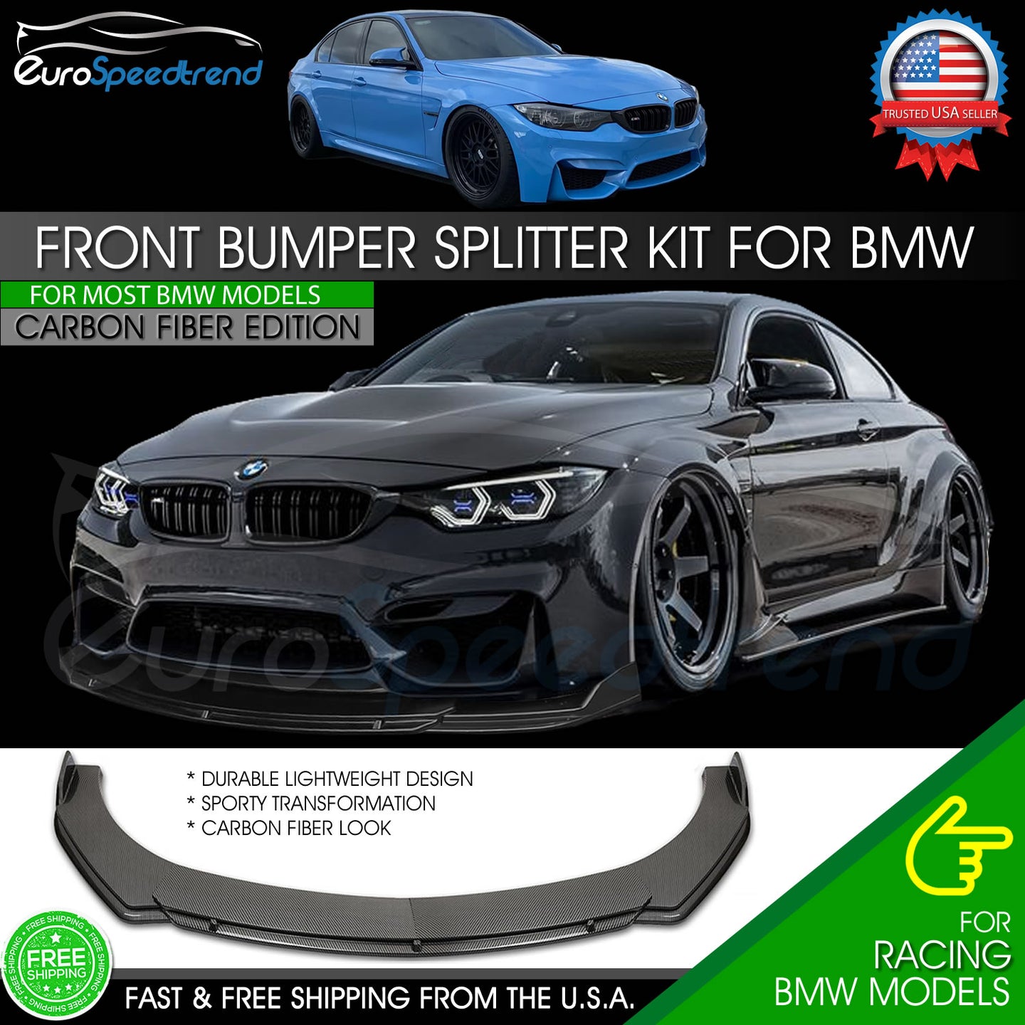 For BMW Carbon Fiber Look Front Lip Splitter Bumper Kit F80 F82 F83 F32 F33 F36