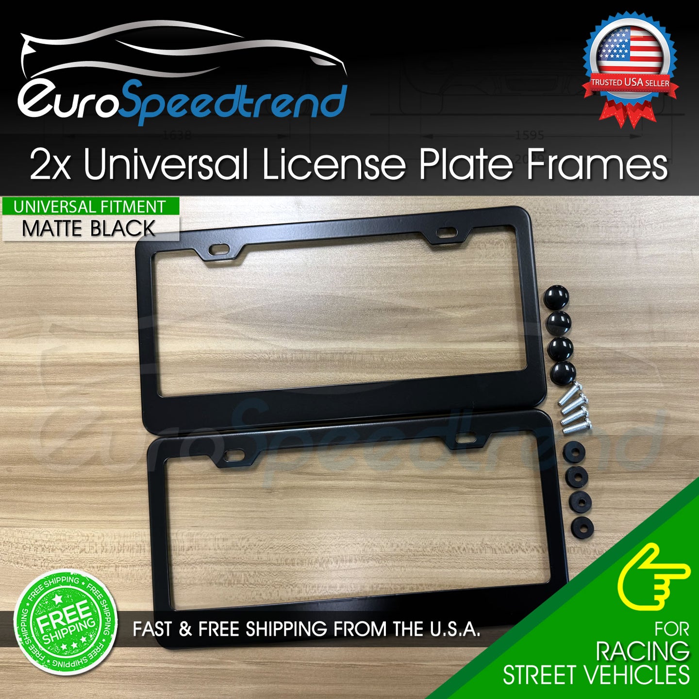 Matte Black License Plate Frame Cover Front & Rear Stainless Steel Metal NO RUST