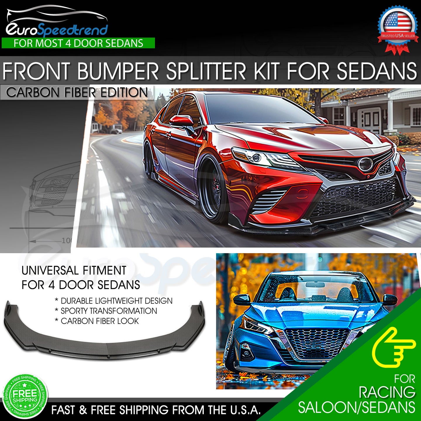 Universal Carbon Fiber Look Sedan Front Lip Bumper Splitter Spoiler Car Body Kit