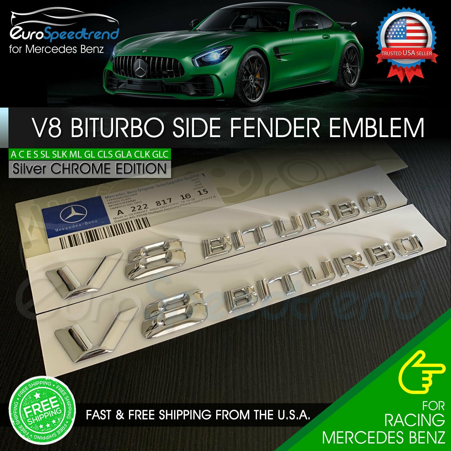 V8 BiTurbo Emblem Side Fender 3D Chrome Badge Mercedes Benz AMG CL63 E
