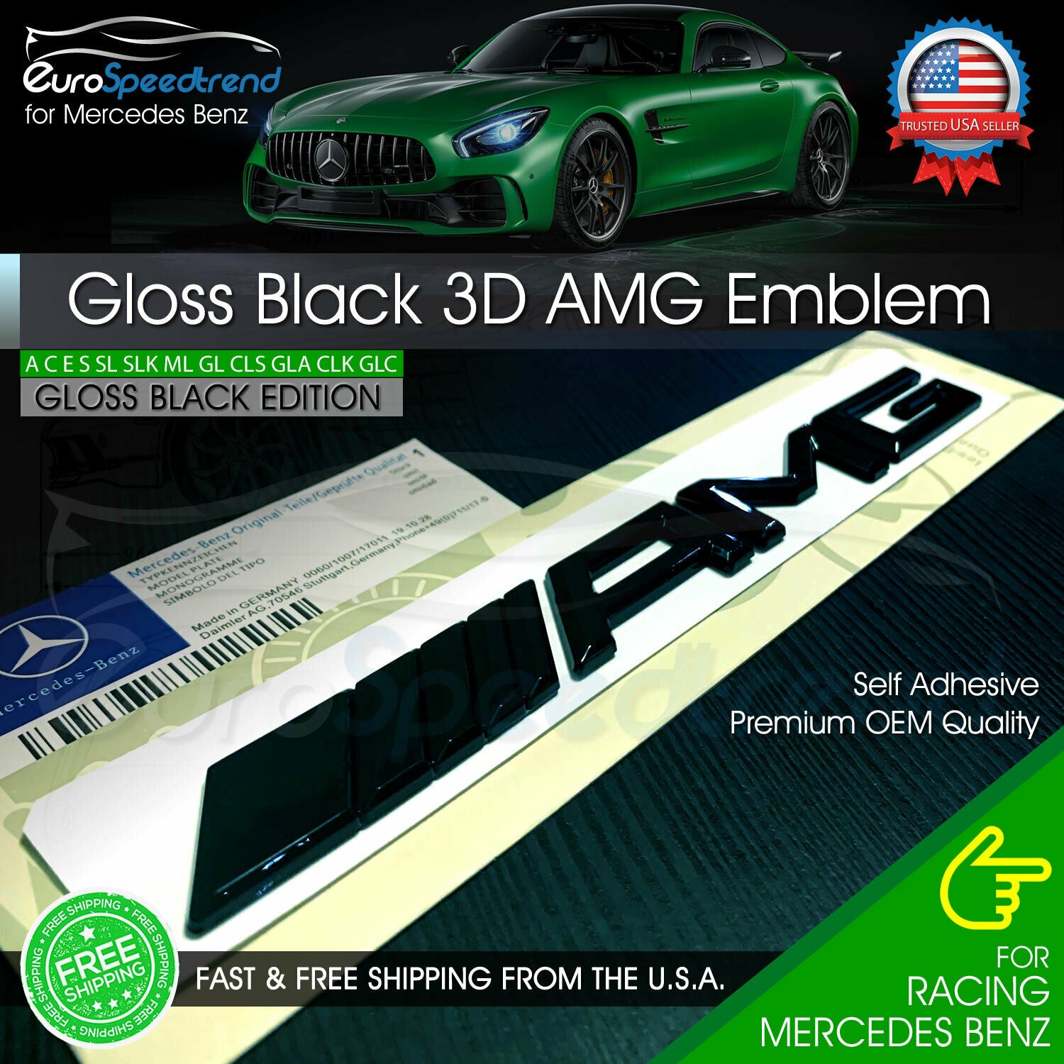 AMG Emblem Trunk OEM Gloss Black 3D Rear Badge Mercedes Benz C E S SL