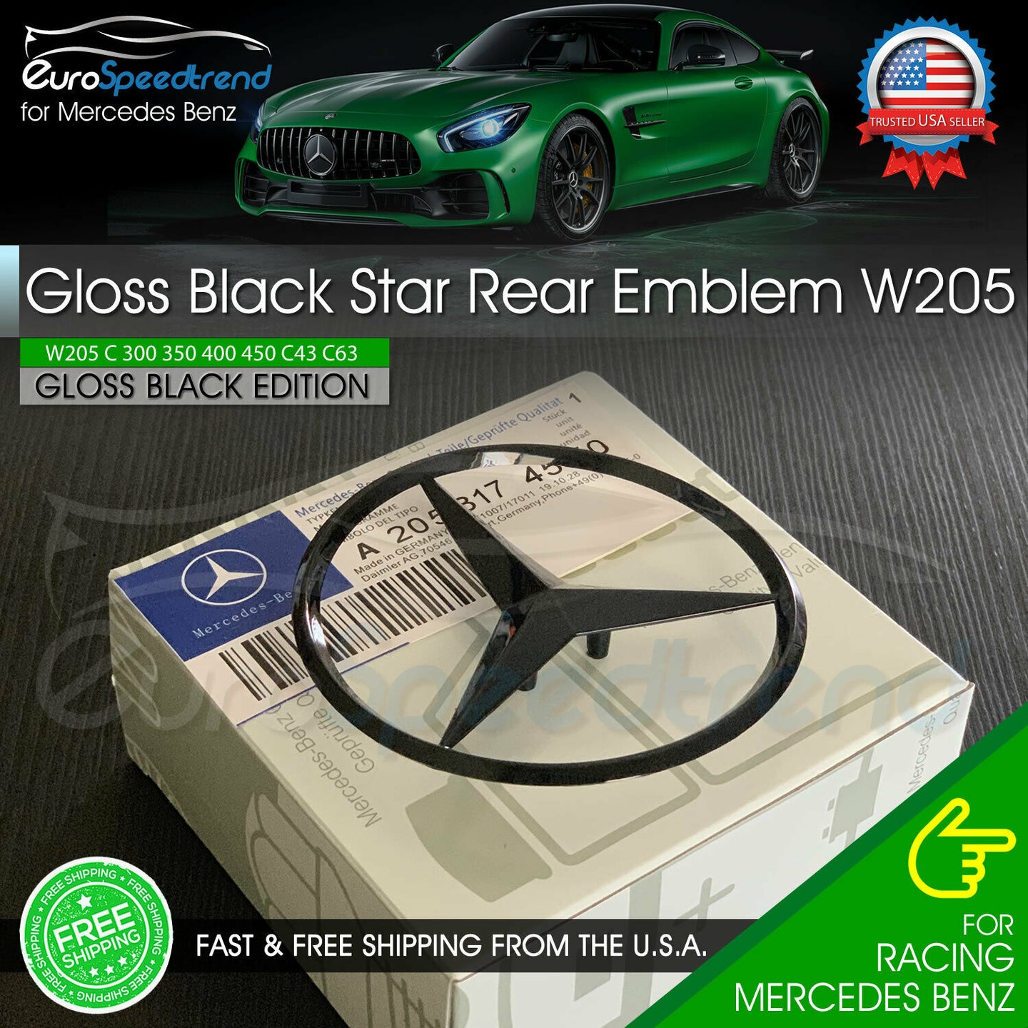 Mercedes W205 Gloss Black Star C Class Trunk Emblem for Rear Lid Logo