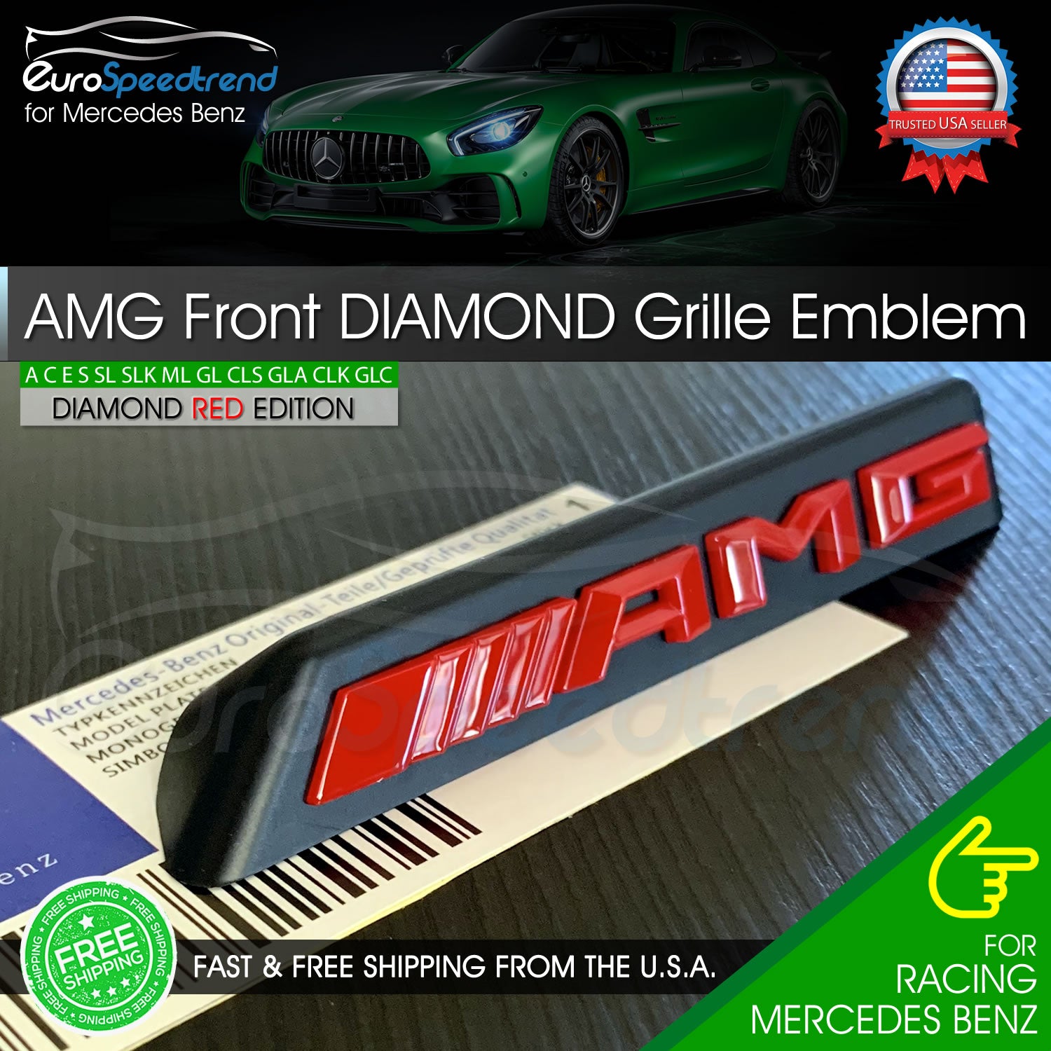 AMG Front Diamond Grille Emblem Radiator Gloss Black Badge