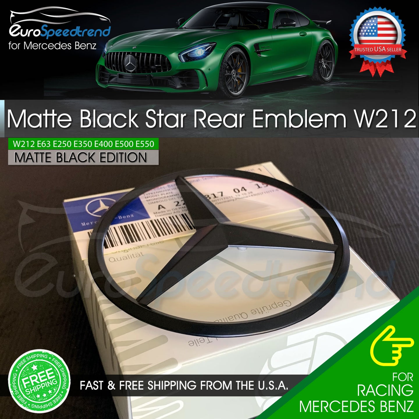 AMG Front Hood Emblem Matte Black Flat Laurel Wreath Badge Mercedes Be