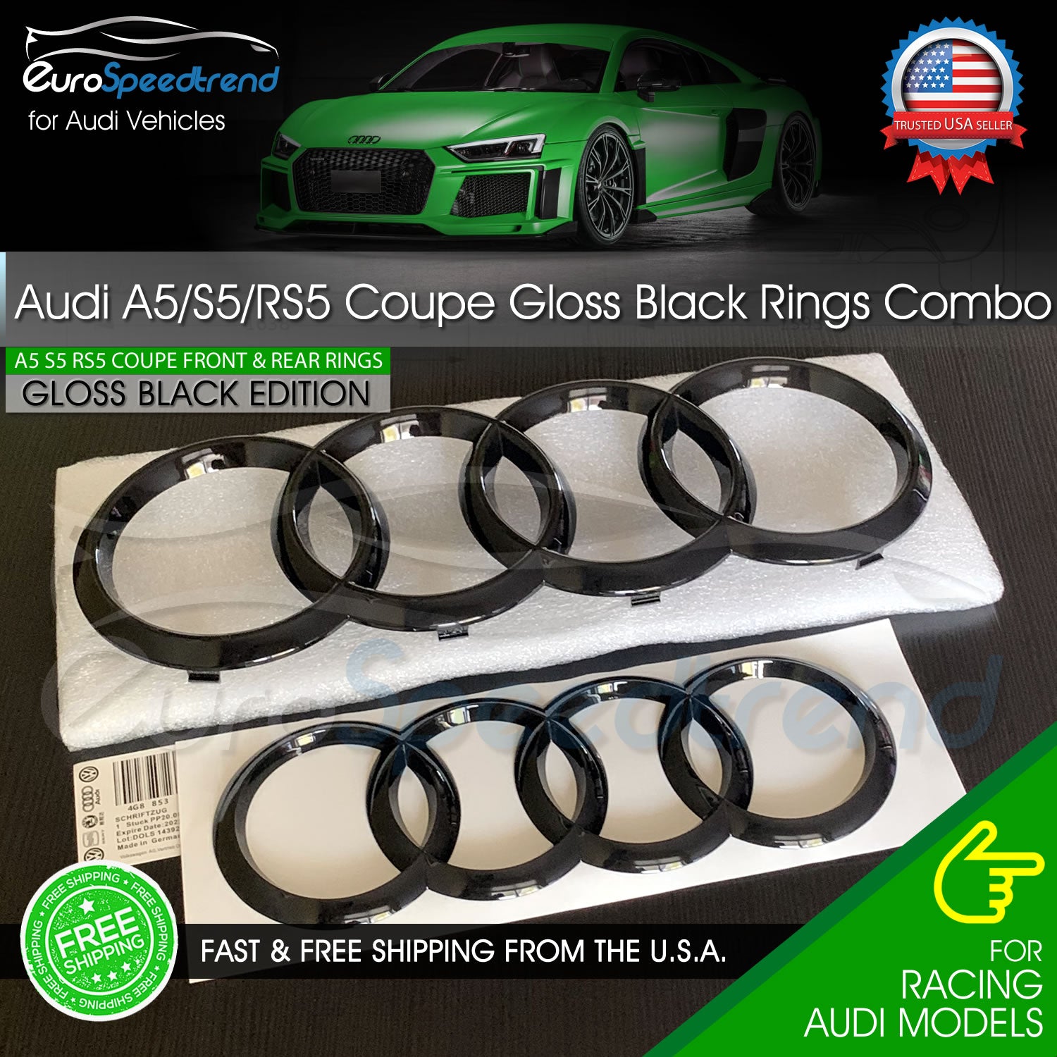 Audi Coupe Gloss Black Rings A5 S5 RS5 Front Grille Rear Emblem Combo