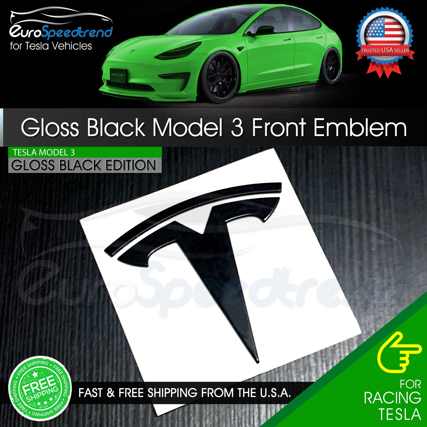 Tesla Model 3 Emblem Gloss Black Front Hood T Letter Badge Logo OEM 14